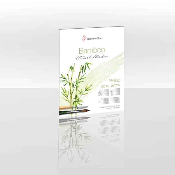 Hahnemühle Bamboo Mixed Media Block, 25 Blatt, 24 mal 32 Zentimeter, 265 Gramm pro Quadratmeter, 90 Prozent Bambusfaser und 10 Prozent Baumwolle.