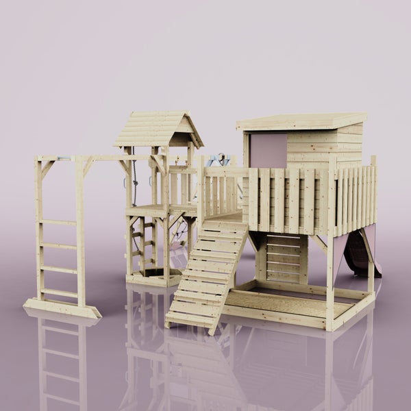 Spielturm aus Holz mit Rutsche, Kletterwand und Schaukel