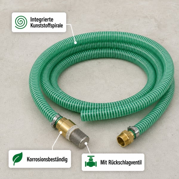 Saugschlauch mit integrierter Kunststoffspirale, korrosionsbeständigem Saugkorb und Rückschlagventil für Gartenpumpen und Hauswasserwerke.