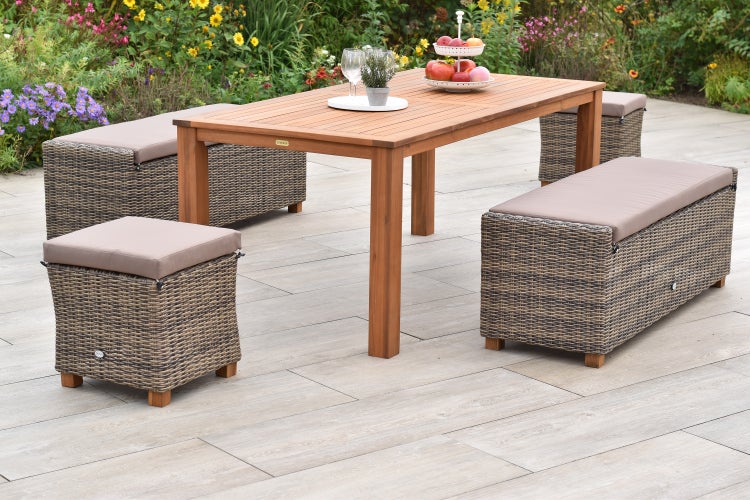 Toskana Gartenmöbelset 9tlg., 2 Bänke, 2 Hocker, inkl. Auflagen, Tisch 185 x 90 cm