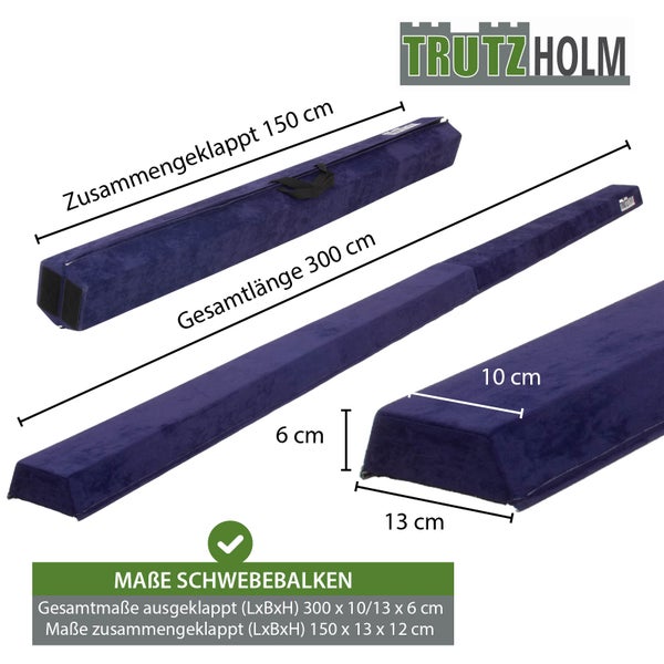 Trutzholm Logo. Maße des klappbaren Schwebebalkens: Gesamtlänge 300 Zentimeter, zusammengeklappt 150 Zentimeter, Höhe 6 Zentimeter.