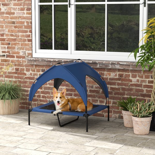 PawHut Erhöhtes Hundebett mit Baldachin, Haustierbett, Outdoor Hundeliege mit Dach, Atmungsaktiv, für große Hunde Dunkelblau Oxford 91 x 76 x 89 cm