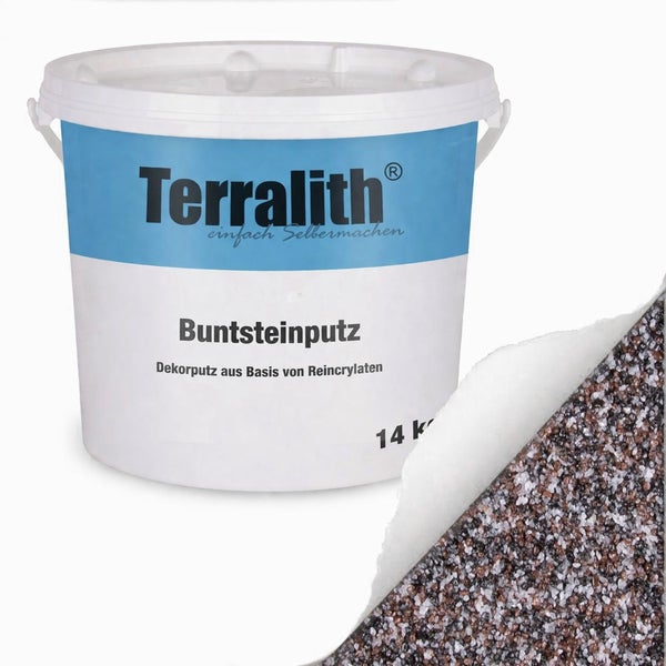 Terralith Buntsteinputz 14 Kilogramm, dekorativer Putz auf Reinacrylatbasis mit Anwendungsbeispiel der Körnung.