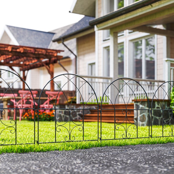 Outsunny Gartenzaun Zaun Stahl 300 cm x 70 cm hoch Dekorativer Gitterzaun Set Zaunelemente Landschaftszaun Oberbogen Zaun für Hunde Hundezaun für Garten Blumenbeete Tierbarriere Außenbereich Schwarz