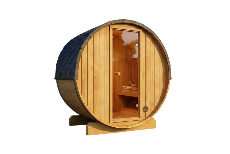 Fasssauna aus Massivholz mit einer Glastür, dunklen Bitumenschindeln auf dem Dach und einer Holzbank im Innenraum.