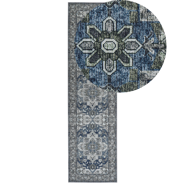Teppich grau / blau 80 x 300 cm orientalisches Muster Kurzflor KOTTAR