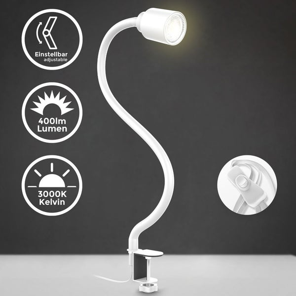 Klemmlampe - 5W, 400lm, LED, mit Stecker, dimmbar, Schwanenhals, warmweiß, weiß