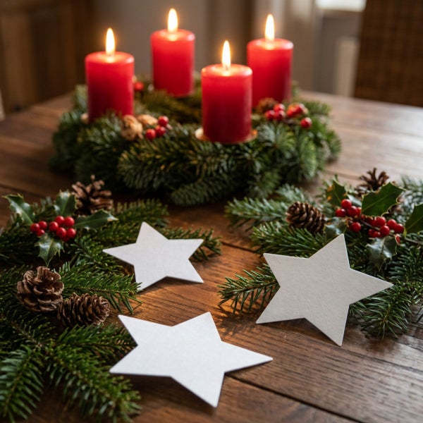 Weihnachtlicher Adventskranz mit vier brennenden Stumpenkerzen und Dekoration aus Tannengrün, Tannenzapfen, Beeren und weißen Sternen auf Holztisch.