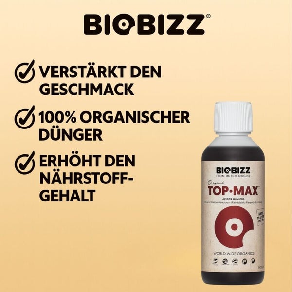 Biobizz Logo, Biobizz Top-Max organischer Dünger verstärkt den Geschmack, ist 100 Prozent organisch und erhöht den Nährstoffgehalt.