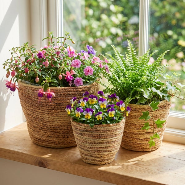 Drei geflochtene Pflanzkörbe aus Naturmaterial auf einer Fensterbank mit verschiedenen Blumen und Grünpflanzen als Dekoration.