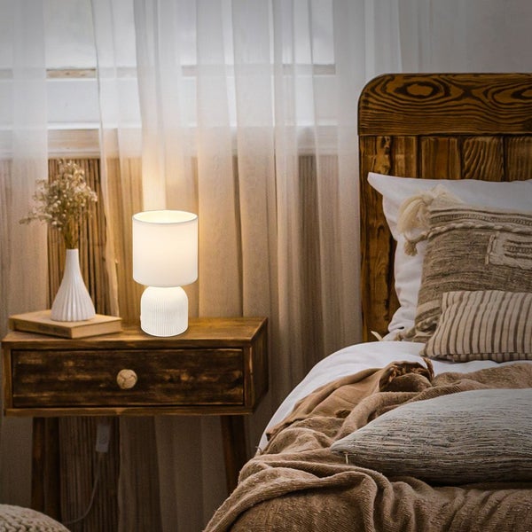 Tischlampe Tischleuchte Wohnzimmer Schlafzimmer Stoffschirm Keramikfuß