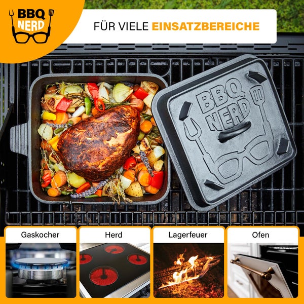 BBQ-Nerd Dutch Oven Brottopf - Kastenform mit Deckel 5,5 L | Brotbackform mit gerillter Steakpfanne - für Kuchen Brot Auflauf Braten | Feuertopf für alle Herdarten, Öfen und Grillgeräte