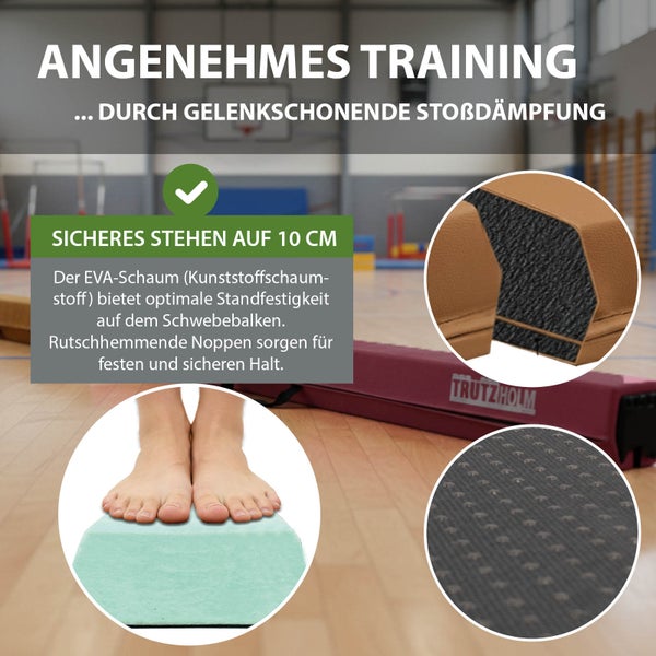 Schwebebalken für Heimtraining aus EVA-Schaum mit Vlies-Bezug, Gewicht 2,8 Kilogramm, Belastbarkeit 100 Kilogramm, inklusive Tragetasche.