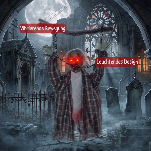 Hängende Halloween Dekofigur mit vibrierender Bewegung und leuchtenden Augen vor Friedhofskulisse