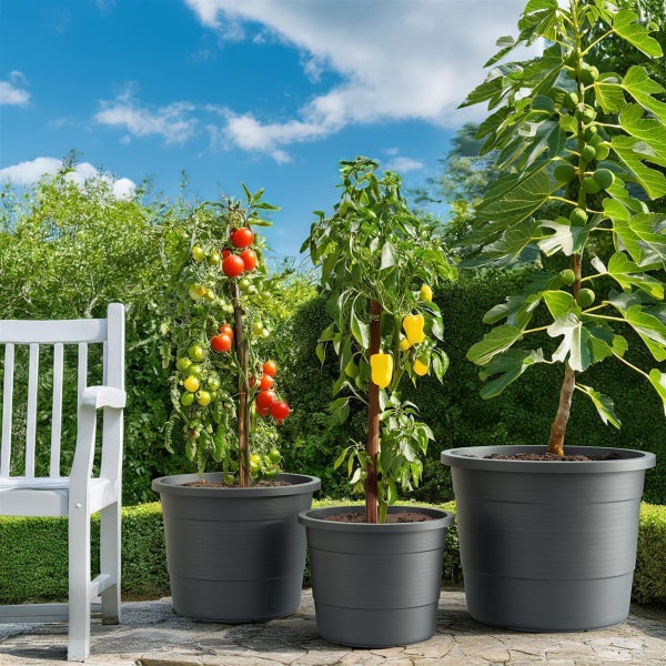 Plastard Blumentopf Terra Ø 46 cm Anthrazit, wetterfester Pflanzkübel, Pflanztopf, Blumenkübel, Übertopf für Innen & Außen aus Kunststoff mit Überlauf
