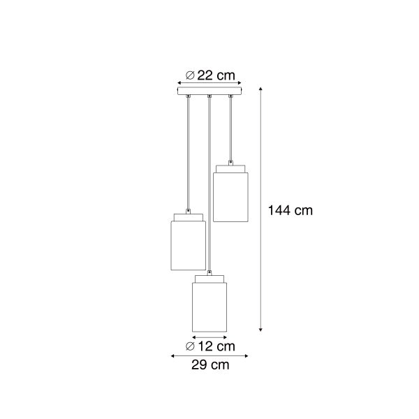 Maßzeichnung einer dreiflammigen Pendelleuchte mit zylindrischen Schirmen. Gesamthöhe 144 Zentimeter, Breite 29 Zentimeter.