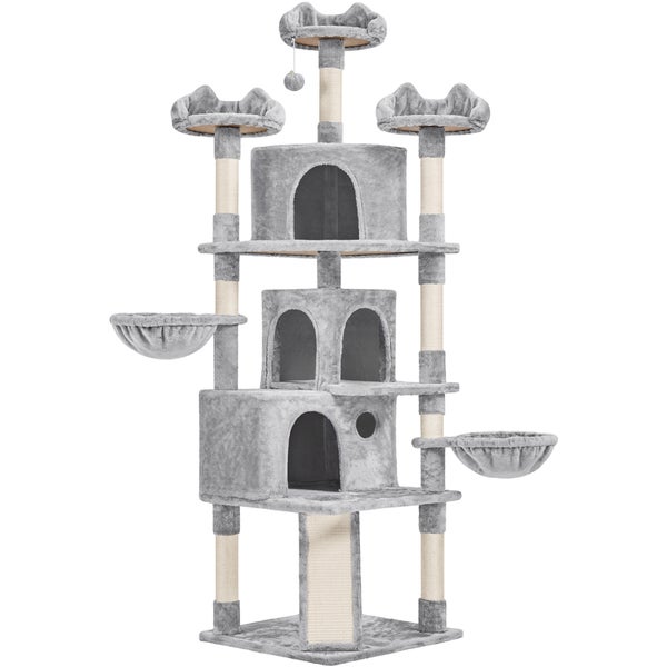 Mehrstöckiger grauer Kratzbaum mit Schlafhöhlen, Liegeflächen, Sisalstämmen und Spielzeug für Katzen