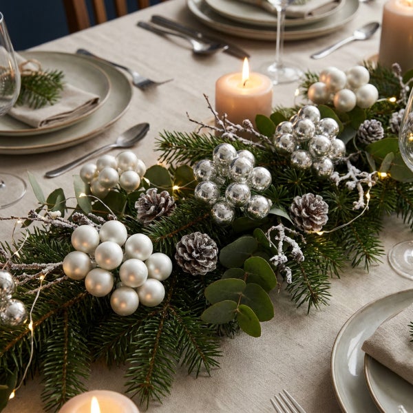 Festliche Tischdekoration mit Tannenzweigen, Zapfen, glänzenden Weihnachtskugeln, Eukalyptus und Lichterkette auf einem gedeckten Esstisch.