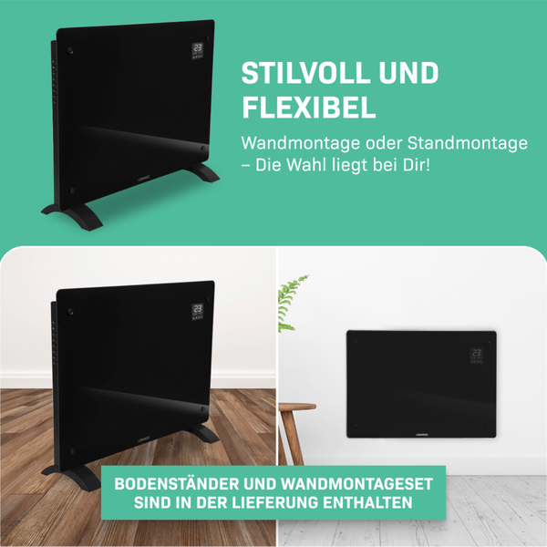 Schwarzer Glasheizkörper für Wandmontage oder Standmontage
