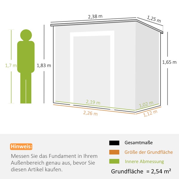 Maßzeichnung Gerätehaus: Außenmaße 2,38 mal 1,25 Meter, Höhe 1,83 Meter. Grundfläche 2,54 Quadratmeter. Inklusive Person als Größenvergleich.