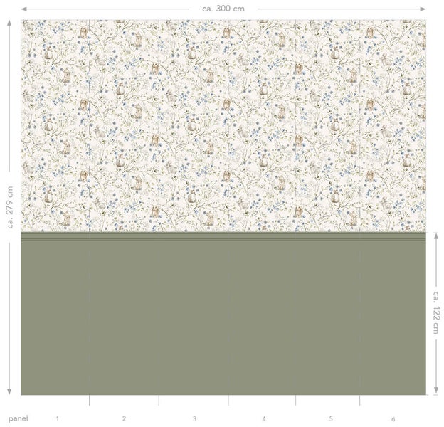 Tapete mit Hasen und Blumenmuster im oberen Bereich und einfarbigem Paneel im unteren Bereich mit den Maßen 300 Zentimeter mal 279 Zentimeter