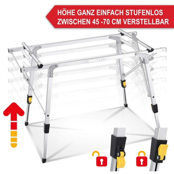 Höhenverstellbarer Aluminium-Arbeitstisch, stufenlos zwischen 45 und 70 Zentimeter einstellbar, mit Verriegelungsfunktion.