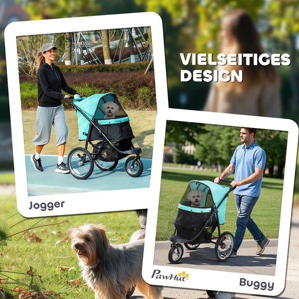 PawHut Hundewagen Jogger Hundebuggy klappbar für kleine Hunde & Katzen bis 10 kg Katzenbuggy mit 3 große Gummiräder, Kissen Netzfenstern Aufbewahrungskorb Katzenwagen mit Sicherheitsleinen, Türkis