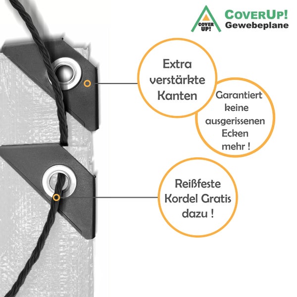 CoverUp! 2x3m Abdeckplane Wasserdicht - Farbe: Weiß, 120g/m², Gewebeplane mit ösen, Verstärkte Gummiecken - Plane Wasserdicht UV-Schutz für Gartenmöbel, Bauplane, zeltplane inkl 12m Seil, 2x3