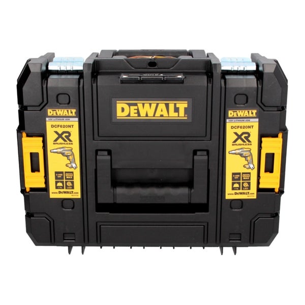 DeWALT Werkzeugkoffer TSTAK für Trockenbauschrauber DCF620NT aus schwarzem Kunststoff mit gelben Verschlüssen.