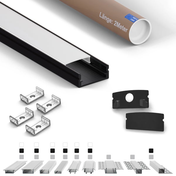 LED Aluminiumprofil Set mit Abdeckung und Halterungen für 2 Meter lange Lichtstreifen Montage