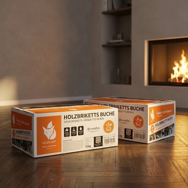Zwei Kartons mit Heizfuxx Holzbriketts aus Buche vor einem Kamin