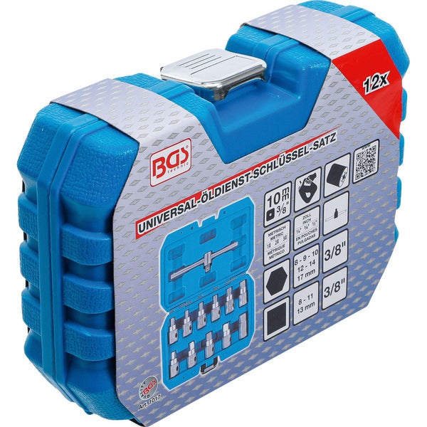 Universal Öldienst Schlüsselsatz mit zwölf Teilen im blauen Werkzeugkoffer
