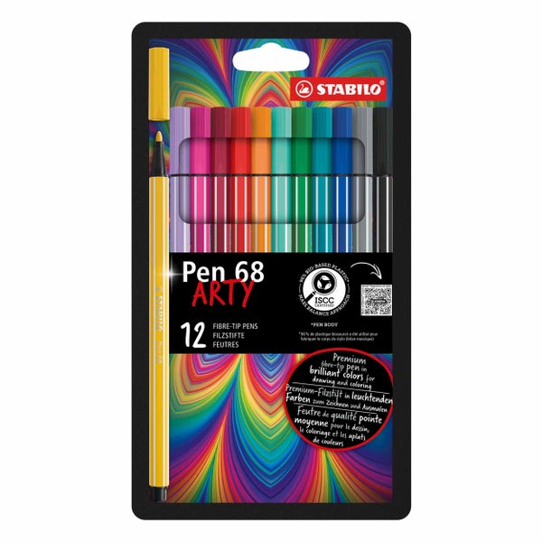 Set mit 12 STABILO Pen 68 Arty Premium-Filzstiften. ISCC-zertifiziert, Gehäuse aus 96 Prozent biobasiertem Kunststoff. STABILO Logo.