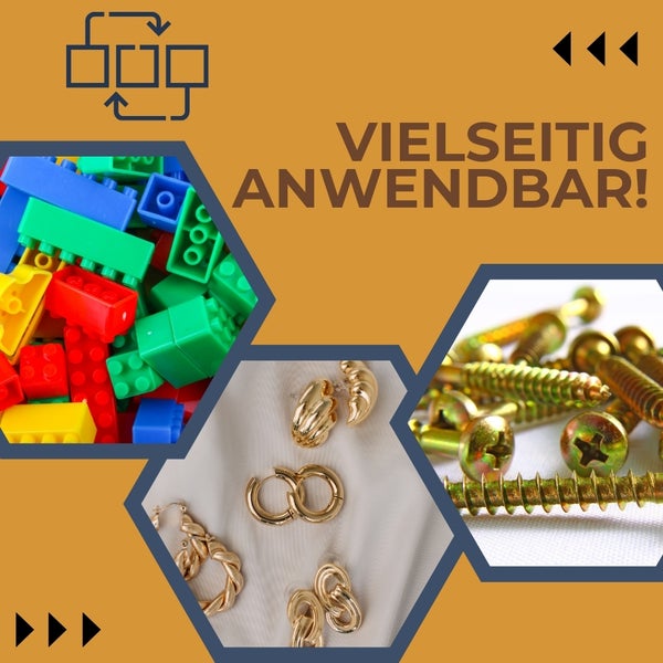 Produktbild mit Spielzeugbausteinen, Ohrringen und Schrauben, das Vielseitigkeit suggeriert.