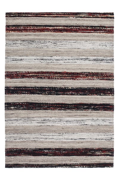 Gestreifter Flachgewebe-Teppich mit horizontalen Linien in Naturtönen und dunklen Akzenten.