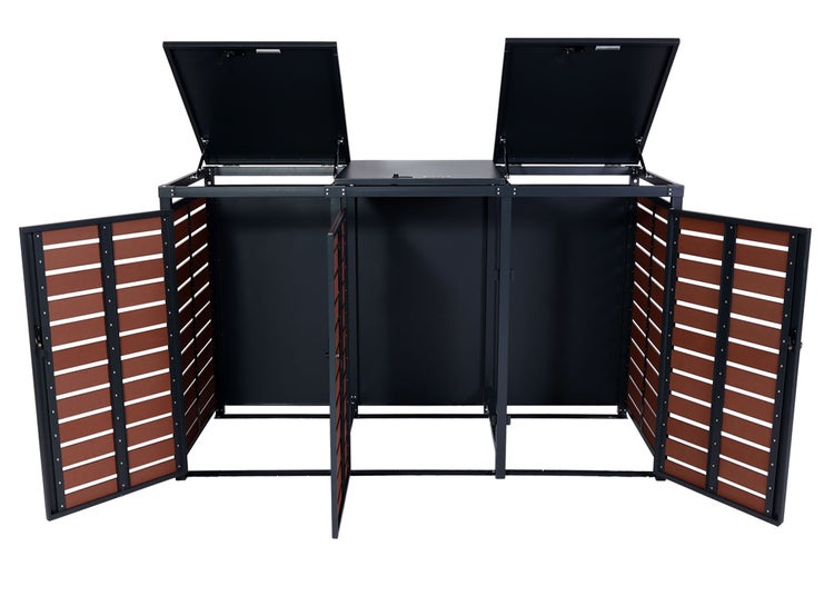 Mülltonnenbox für drei Mülltonnen mit Holzverkleidung und zu öffnenden Deckeln und Türen