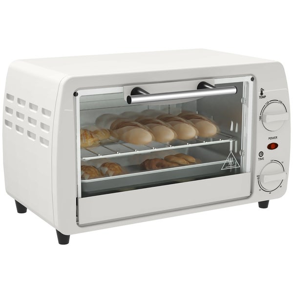 Weißer Minibackofen mit Glastür, Metallgriff und Drehreglern für Temperatur und Zeit, gefüllt mit backenden Brötchen.