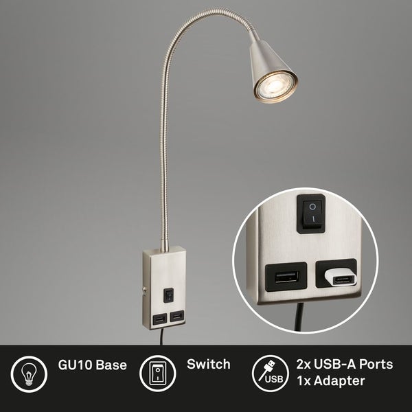 Leselampe LED Bettlampe Wandlampe Schwenkbar 2x USB Port Kabelschalter GU10