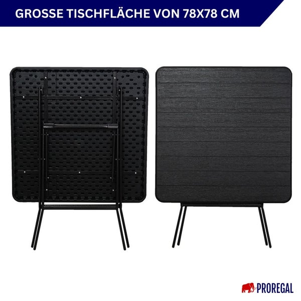 Quadratischer Klapptisch mit Metallgestell und einer Tischfläche von 78 x 78 Zentimetern