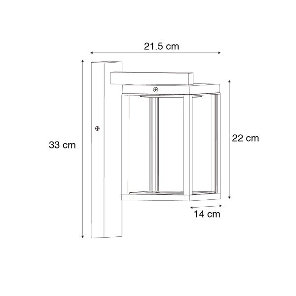Technische Zeichnung einer Außenwandleuchte mit Maßen: Gesamthöhe 33 Zentimeter, Tiefe 21,5 Zentimeter, Leuchtenkörper 22 Zentimeter hoch und 14 Zentimeter breit.