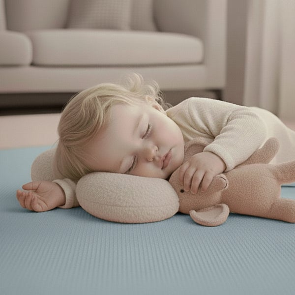 Schlafendes Baby auf einer hellblauen, strukturierten Bodenmatte im Wohnzimmer, den Kopf auf einem Plüschkissen gebettet und ein Stofftier im Arm.