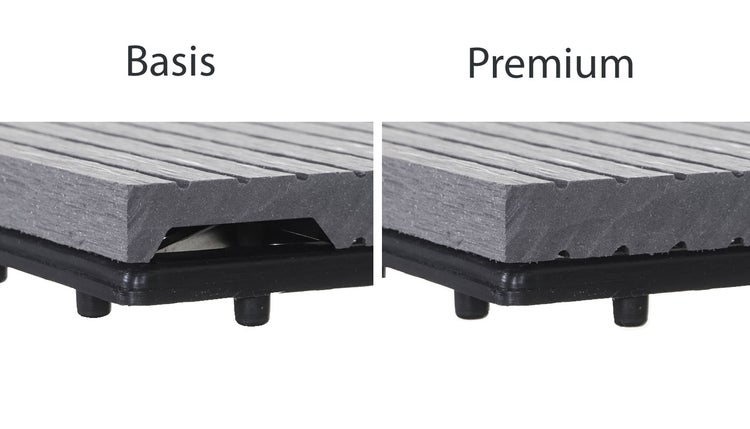 Vergleich von Holz-Kunststoff-Terrassenfliesen mit Basis Hohlkammerprofil und Premium Vollprofil auf Kunststoffgitter.