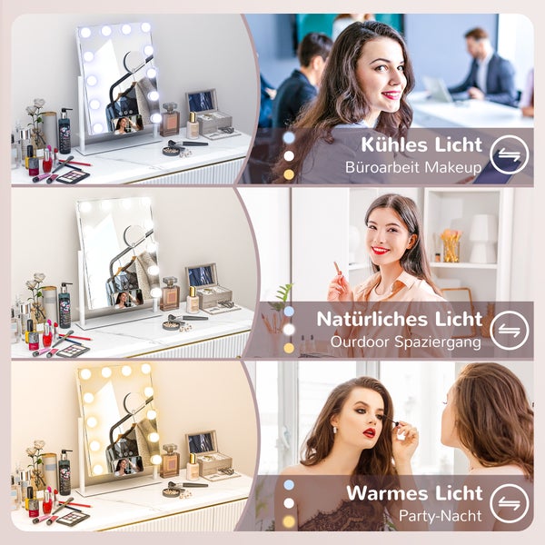 HOMCOM Hollywood Spiegel mit Beleuchtung, Schminkspiegel mit 12 LED Licht, 3 Lichtfarben, 360° Drehbar Kosmetikspiegel mit USB-Ladeanschluss, 10X Vergrößerung, Handyhalterung und Touchschalter