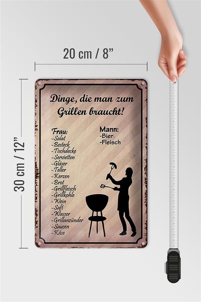 Blechschild Spruch 20x30cm Dinge die man zum Grillen braucht