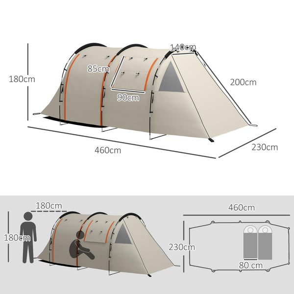 Outsunny Tunnelzelt, Campingzelt für 5 Personen, Familienzelt mit 2 Räumen, Tragetasche, Polyester, Oxfordstoff, 460L x 230B x 180H cm, Khaki