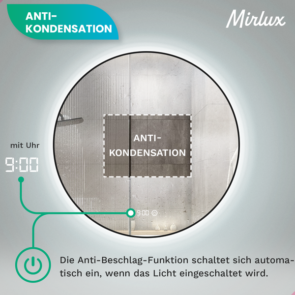 Mirlux Badezimmerspiegel mit LED Beleuchtung, Wandspiegel Rund,  Anti Kondensations Duschspiegel,  Mattschwarz 60CM