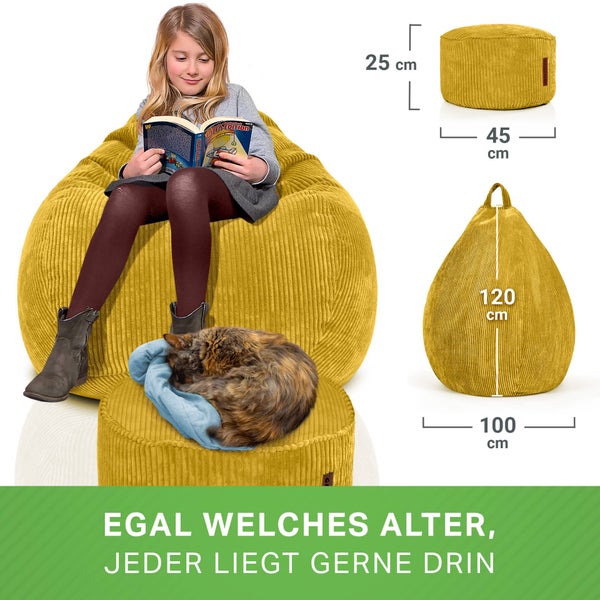 Green Bean 2er Set Indoor XXL Sitzsack + Pouf mit EPS-Perlen Füllung - Fußhocker Fußkissen Hocker Bodenkissen Liegekissen Sitzkissen Lounge Chair - Gelb