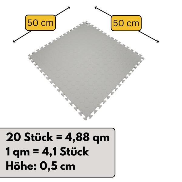 Quadratische Bodenfliese mit Noppenoberfläche und Puzzlekanten, Maße 50 mal 50 Zentimeter, Höhe Null Komma fünf Zentimeter.