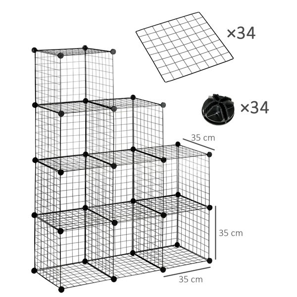 HOMCOM Regalsystem, Steckregal aus Stahldraht, DIY Würfelregal, 9 Fächer, Drahtgitter, Schuhregal, Stufenregal für Wohnzimmer, Kinderzimmer, Schlafzimmer, Schwarz, 35 x 35 x 35 cm je Würfel