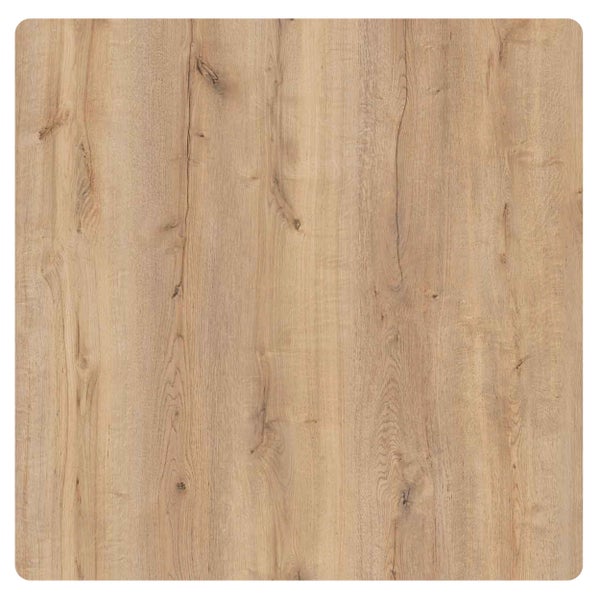 Quadratische Tischplatte in Holzoptik mit abgerundeten Ecken und natürlicher Maserung.